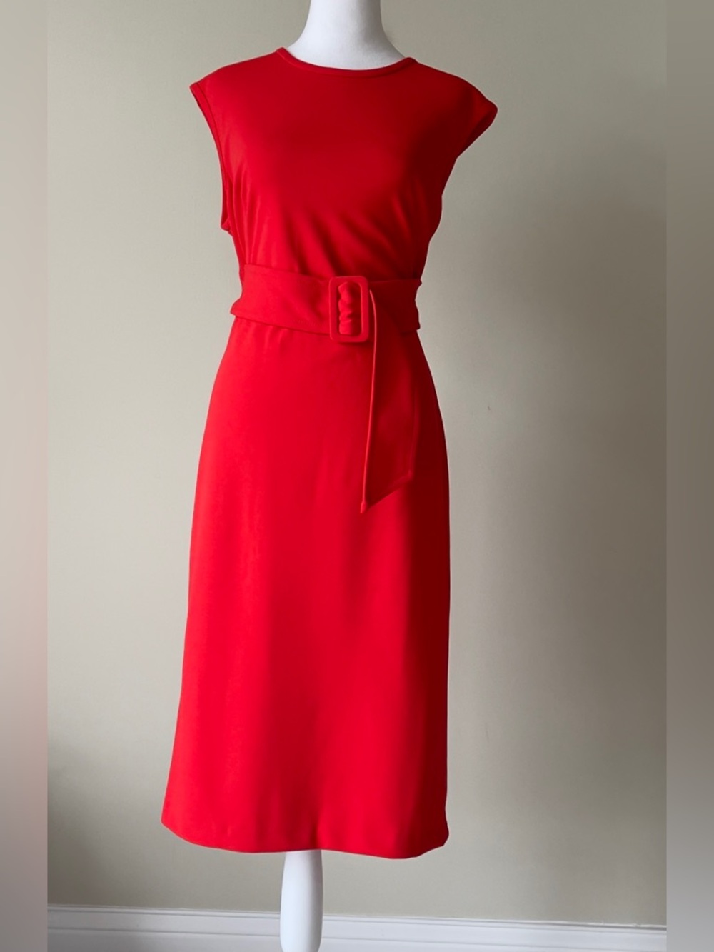 Calvin Klein Red  Cap Sleeve Belted Comfortable Stretchy Midi Dress NWOT Size 12